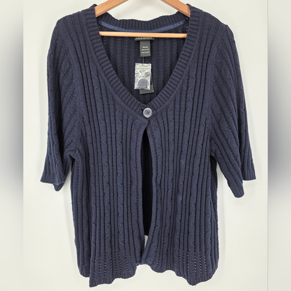 Lane Bryant Navy Blue Cable Knit Short Sleeve Cardigan, Sz 22-24